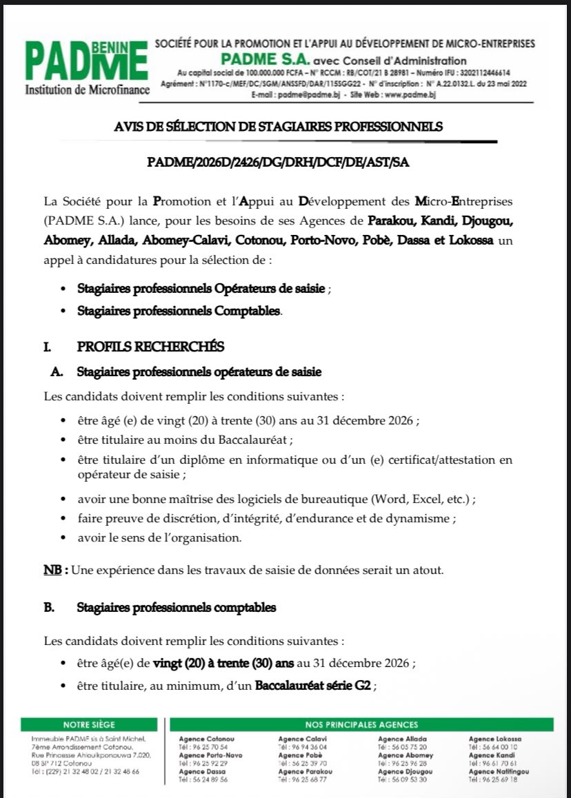 AVIS DE SÉLECTION DE STAGIAIRES PROFESSIONNELS